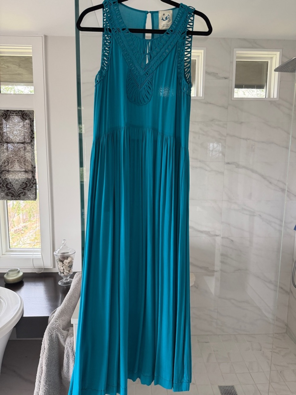 Anthropologie Teal Maxi Dress with Crochet Yoke